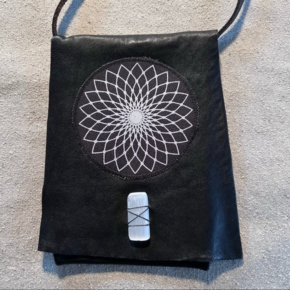 Handcrafted Upcycled Leather Sundial & Selenite Crossbody (phone,etc.) P… - Picture 2 of 6
